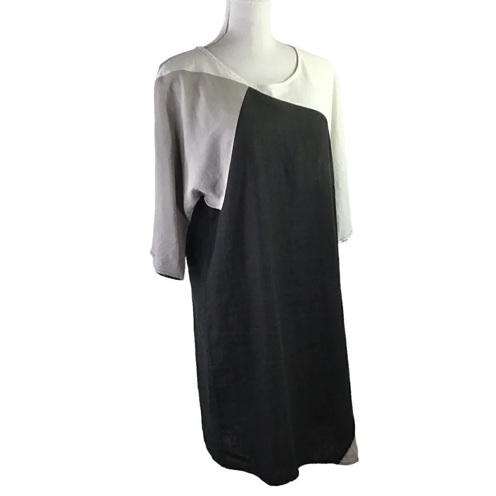 Linen Blend Color Block Shift Dress Size S For Cynthia Asymmetrical Lines Black